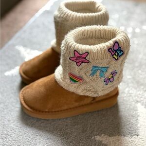 Tan Suede Booties with Cream Knit Cuff and Colorful Patches